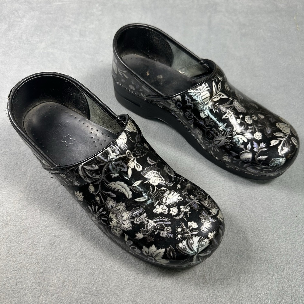 Dansko Professional Floral Patent Leather Clogs Black Silver EU 43 US 12.5 - Picture 2 of 7